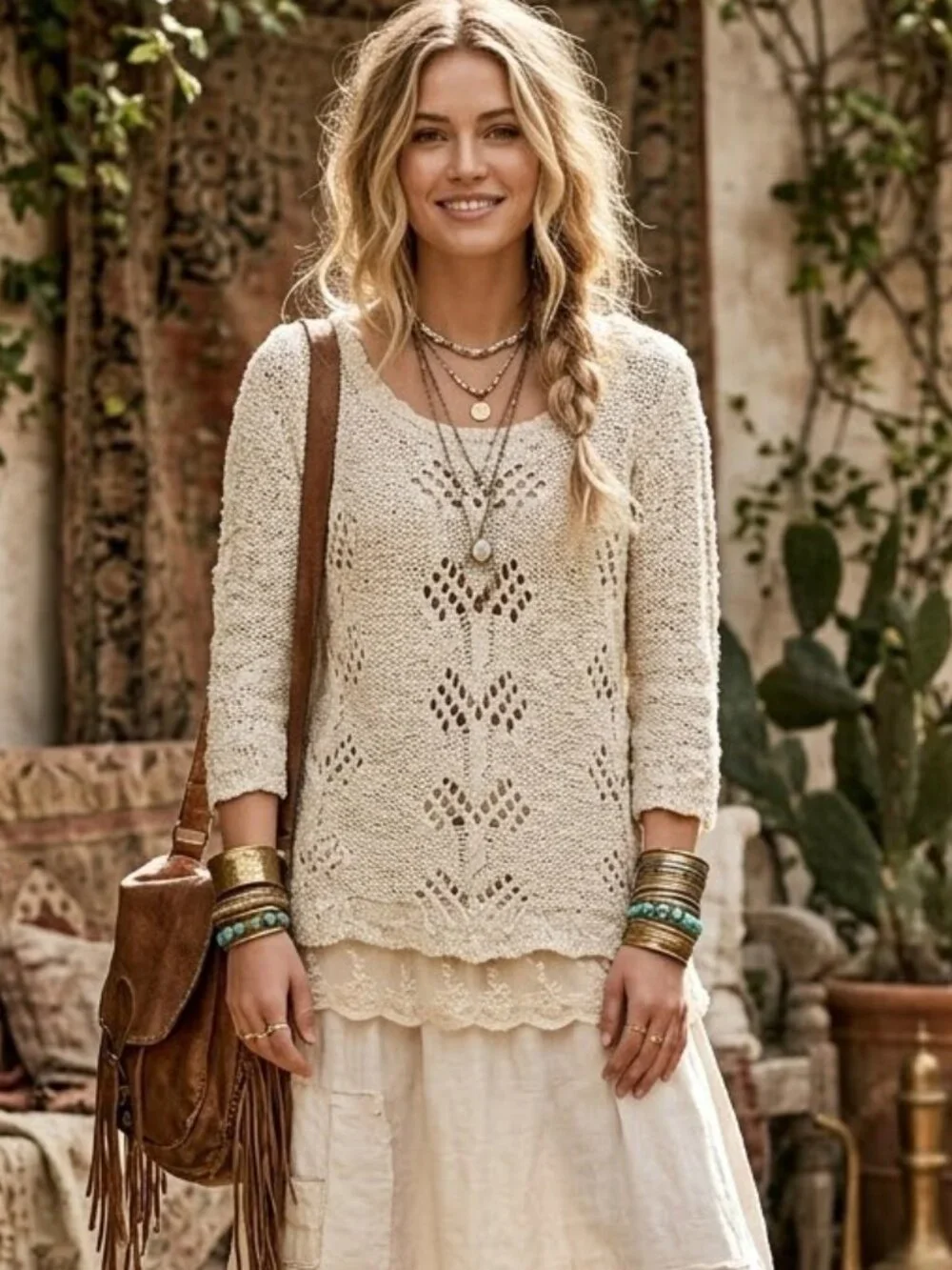 Anthropologie Knitted & Knotted Crochet Boho Open Knit Pullover Top size S